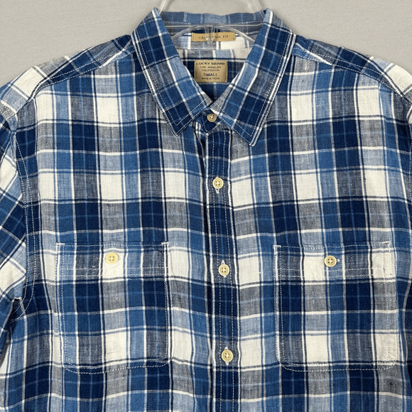 Lucky Brand Linen Shirt Button Front Long Sleeve Plaid Mens Small California Fit - Picture 2 of 11